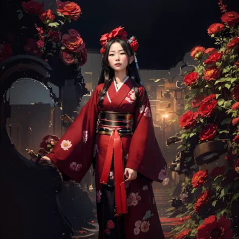 arafed woman in a kimono standing in a field of red roses, mulher chinesa, mulher japonesa, mulher nas flores, menina chinesa, m...