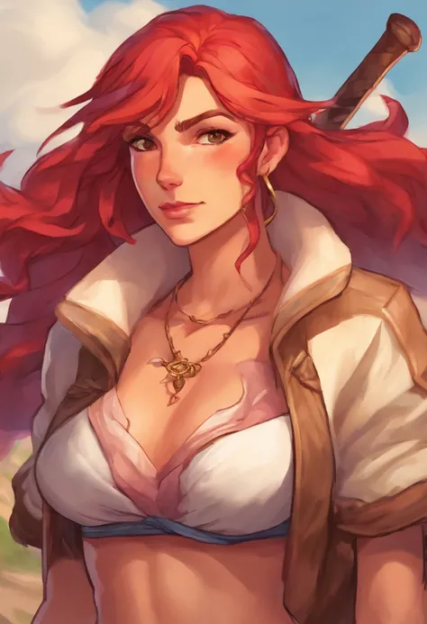 Buff woman with a jacket and a bra, tan skin, small breasts, sailor attire, beanie, red firey hair hair highlights, on the coast