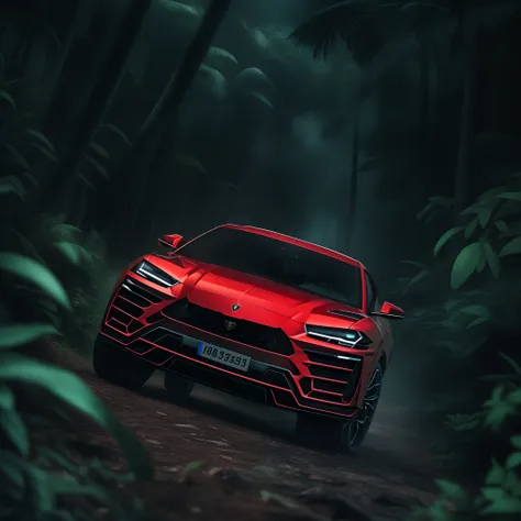 a cinematic photorealistic color digital drawing of bright red lamborghini urus at night in the borneo tropical jungle, extreme ...