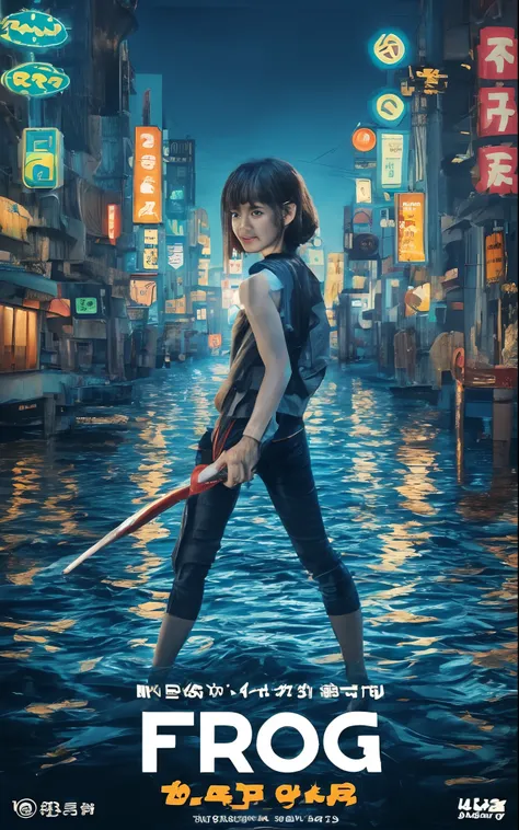 Movie poster with realistic pictures、Boyish teenage Japan girl standing in flooded Tokyo city、Turning around、With a very slender body、Wearing black slim denim、Wearing monotone long-sleeved lace、Wearing a black vest、Natural hairstyles with cool shortcuts、Sh...