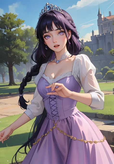 (rapunzelwaifu:1), surprised, beautiful pose, looking at the viewer, thick thighs, (long soft purple dress:1.2), (very long hair...