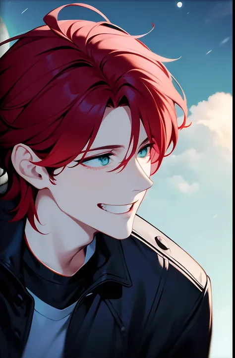 defined man, red colored hair, medium length hair, dark green eyes, messy hair up, laughing, moon, dark blue sky