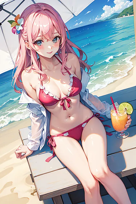 1 girl in、Cute Beautiful Girl、((colorful bikini))、((Wearing an unbuttoned white shirt))、A pink-haired、Sitting on a chair、beach parasol、(Drinking tropical juices)、(14years)、A smile、the beach、top-quality、photos realistic