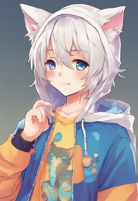 adult Male neko wearing a soft cute outfit, has bright blue eyes and long white hair, wearing black hoodie