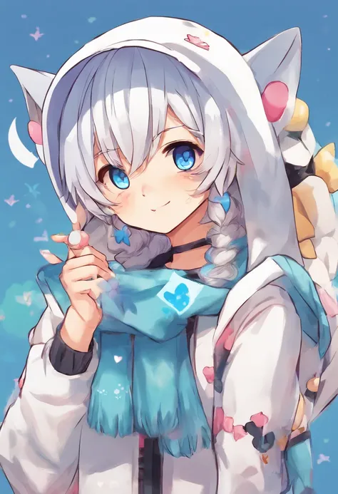 adult Male neko wearing a soft cute outfit, has bright blue eyes and long white hair, wearing black hoodie