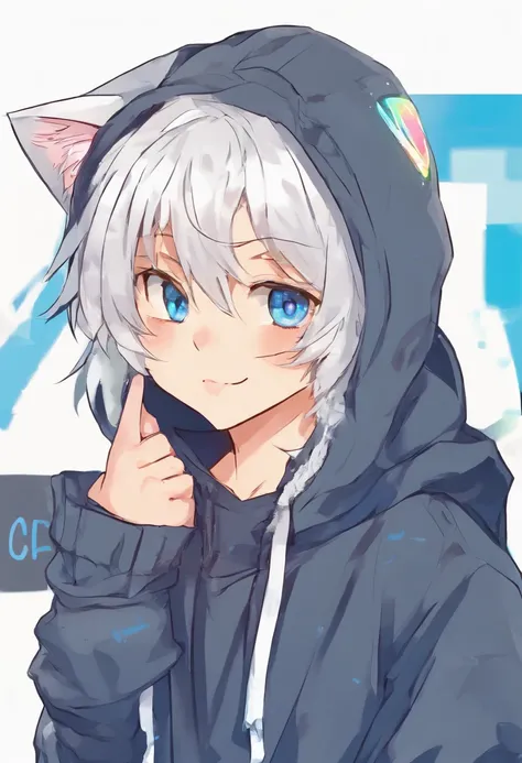 adult Male neko wearing a soft cute outfit, has bright blue eyes and long white hair, wearing black hoodie