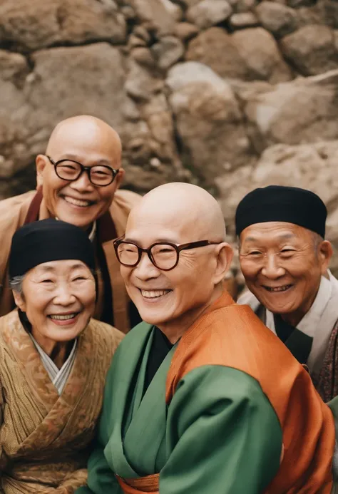 Japan people in their 60s　smiling　Im smiling　I dont have any hair at all　Round large glasses　Bald