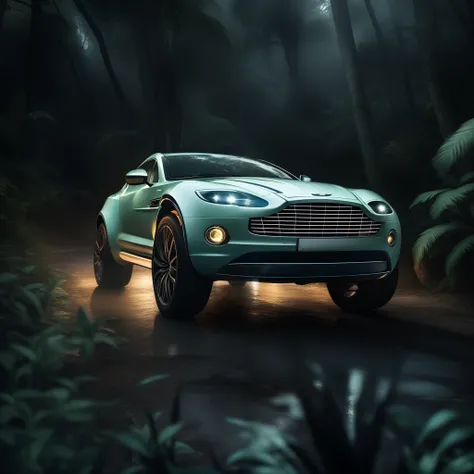 A cinematic photorealistic color digital drawing of White Aston Martin DBX707 caught at night in the Borneo Tropical Jungle, extreme modified and styled by Kahn Design, insanely detailed and intricate, crisp sharp and clear, volumetric lighting, ultra-high...