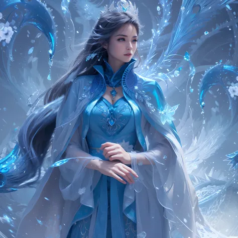 There is a woman in a blue dress and a white cape， closeup fantasy with water magic, ice sorceress, detailed fantasy digital art, Fantasy art style, beautiful fantasy art, digital fantasy art ), Fantasy art Behance, xianxia fantasy, Epic fantasy digital ar...