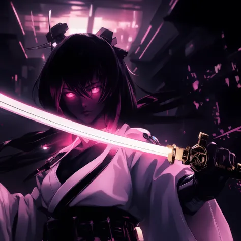 Anime girl with sword in town at night, Samurai Neon, samurai cyberpunk muito bonito, samurai cyberpunk, Melhor Anime 4K Konachan Wallpaper, badass anime 8 k, samurai jedi, Estilo anime 4K, arte de anime cyberpunk, segurando uma luzabre. Arte Splash, estil...