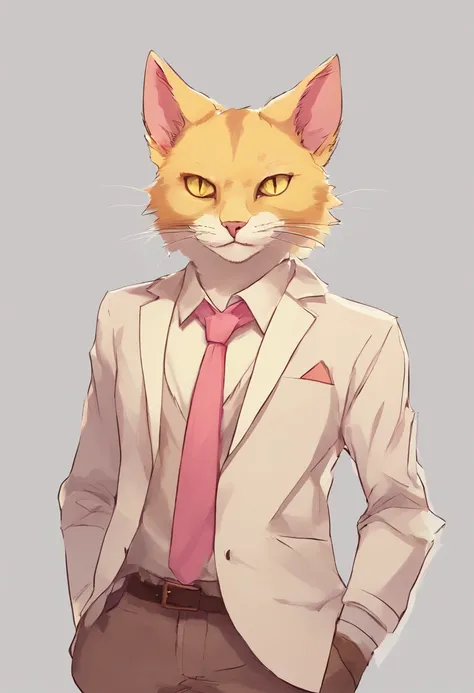 anthropomorphic grey cat, yellow cat eyes, a rip in his ear, simple white shirt, neutral brown jacket, pink paw pads, soft expression, gentle smile