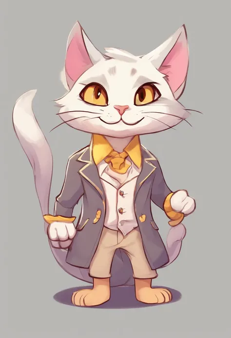 anthropomorphic grey cat, yellow cat eyes, a rip in his ear, simple white shirt, neutral brown jacket, pink paw pads, soft expression, gentle smile