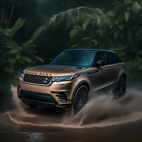 A cinematic photorealistic color digital drawing of Range Rover Velar HSE rushing and splashing at night in the Borneo Tropical Jungle, extreme modified and styled by Kahn Design, insanely detailed and intricate, crisp sharp and clear, volumetric lighting,...