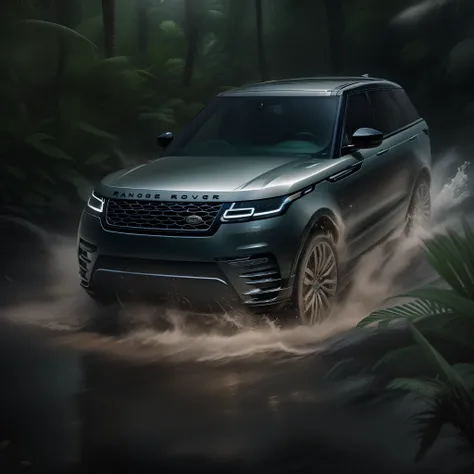 a cinematic photorealistic color digital drawing of range rover velar hse rushing and splashing at night in the borneo tropical ...