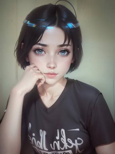 1girl,short hair,T-Shirt black,pretty,realistic,full colors,4k