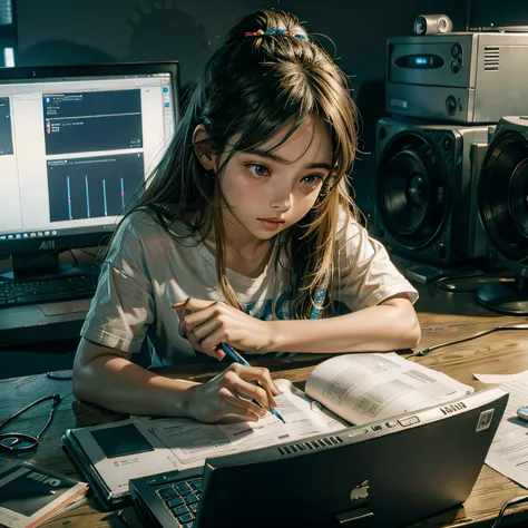 uma menina no estudo jogando computador