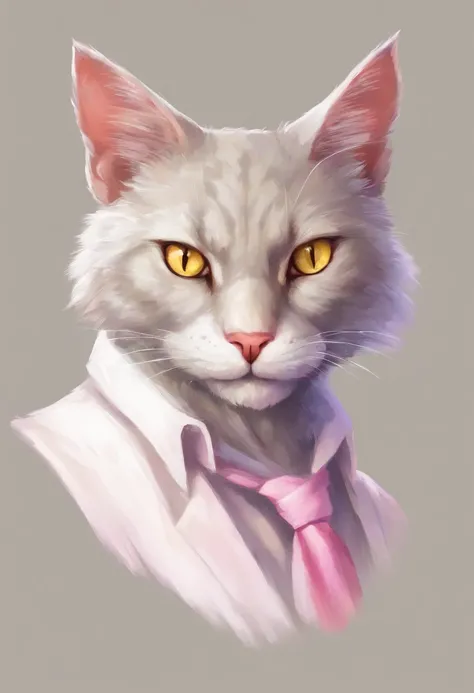 anthropomorphic cat, grey fur, yellow cat eyes, a rip in his ear, simple white shirt, pink paw pads, soft expression, gentle smile, tall