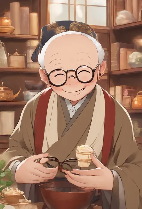 Plump uncle with big round glasses without cartoonish hair　Charming６０generation　no hair at all　Im smiling　Maruboshi　japanes