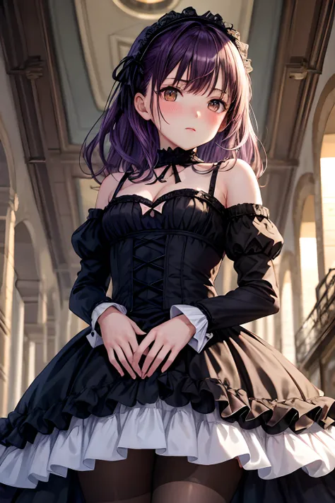 ultra detailed, 1girl, 15y, purple hair, brown hair, brown eyes, small breasts, rough, blush, street, straight-on, blush, cleavage, bare shoulders, from below, sideways, masterpiece, best quality, gothic dress, gothic lolita fashion