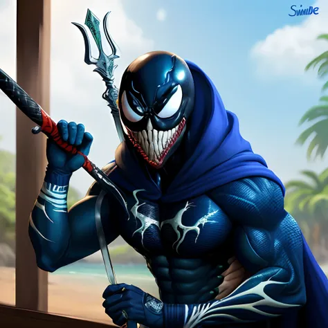 SIMBIONTE tipo o Venom carregando consigo uma espada brilhante azul(fantasia)