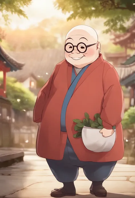 Plump uncle with big round glasses without cartoonish hair　Charming６０generation　no hair at all　Im smiling　Maruboshi　japanes