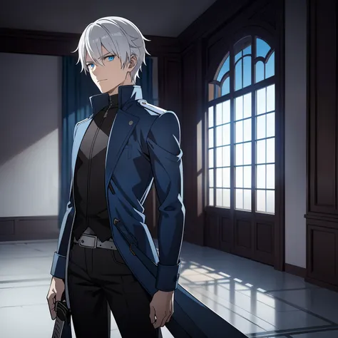 "a man with white hair and blue eyes, wearing a blue leather jacket and black jeans, holding a straight sword in his right hand....