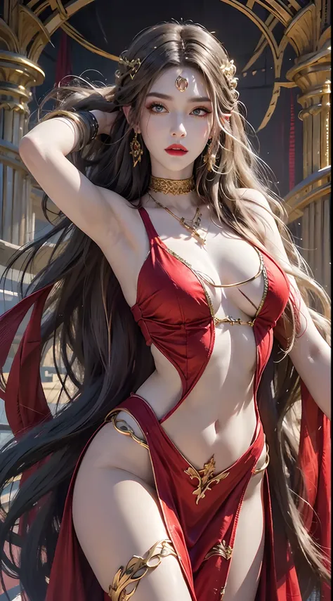 photorealistic, high resolution, 1 woman, hips up, beautiful eyes, long hair, ringed eyes, jewelry, medusa, red dress