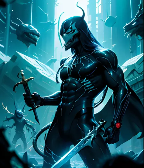 Venom-style symbiote with a blue sword in his hand, 4k image quality, dark and half-destroyed environment, half-fantasy image style