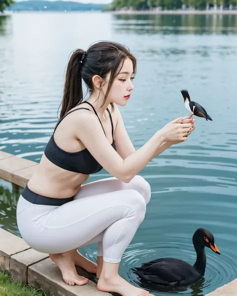 On the lakeside pier stands a woman wearing white skinny yoga pants, Half squat in the water to feed the black swan, The black swan in the lake looked at her，In Park，lakeside, Elegant Pose, standing next to water, at the lakes,  Half squatted by the pool, ...