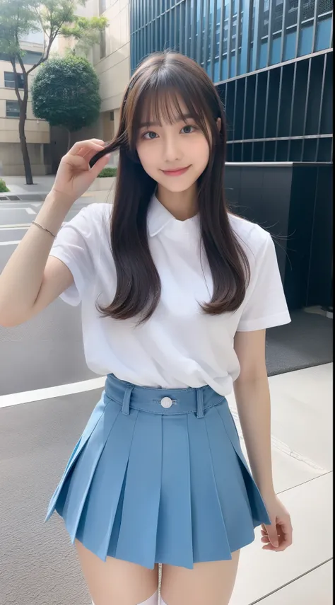 High school girl in light blue miniskirt in white shirt