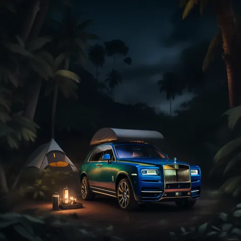 a cinematic photorealistic color digital drawing of glamour camping rolls-royce cullinan at night in the borneo tropical jungle,...