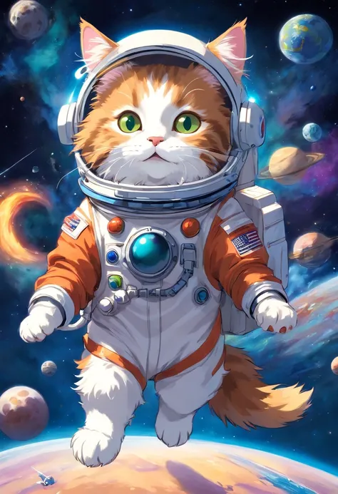 One Norwegian Forest cat kitten is dressed up as an astronaut floating in outer space leaving some space for texting.