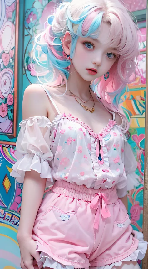 Light blue and pink color scheme，Sexy Girl ，tiny body，Petite，white curly hair,　Colorful colored camisole