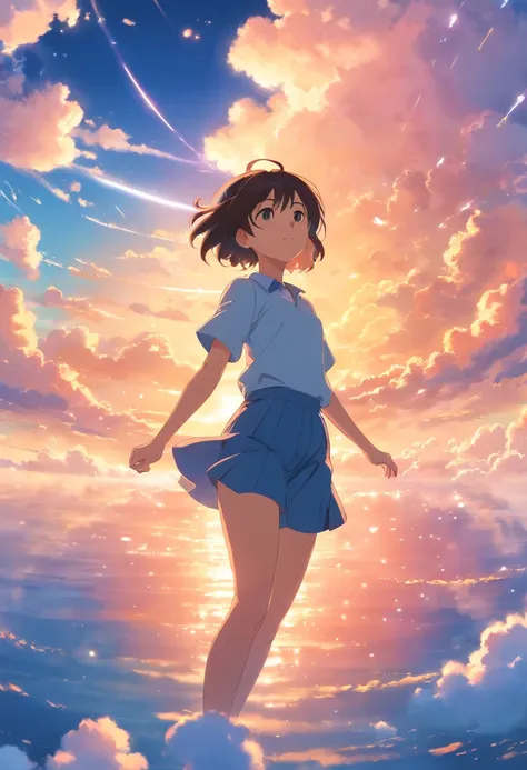 masterpiece, best quality, movie still, 1girl, cloud girl, floating in the sky, close-up, bright, happy, warm soft lighting, sunset, (sparks:0.7)