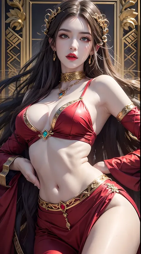 Photorealistic, high resolution, 1 woman, hips up, Beautiful eyes, Long hair, ringed eyes, jewelry, medusa, red dress