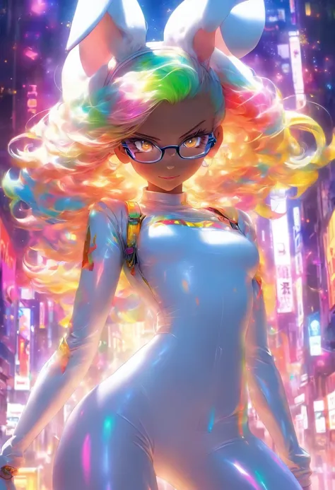 The most beautiful and sexy bunny girl, rainbow colored hair, yellow eyes, wearing glasses, wearing highly detailed white leather outfit and white leather boots, perfect masterpiece, high quality, high resolution