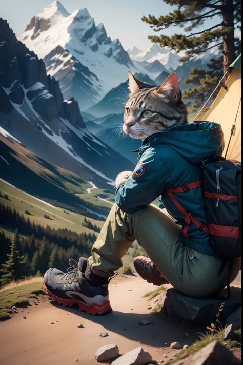 Mountaineering cat，Storm jacket，Storm pants，Hiking shoes，Outdoor gear，The close-up view is the forest，The vista is a mountain peak，camp，Outdoor tent