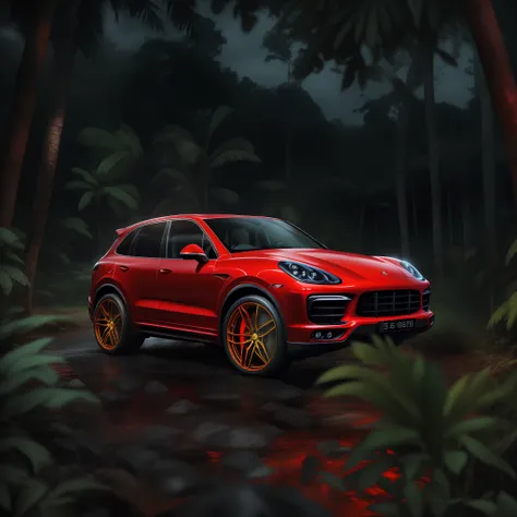 a cinematic photorealistic color digital drawing of bright red porsche cayenne at night in the borneo tropical jungle, extreme m...