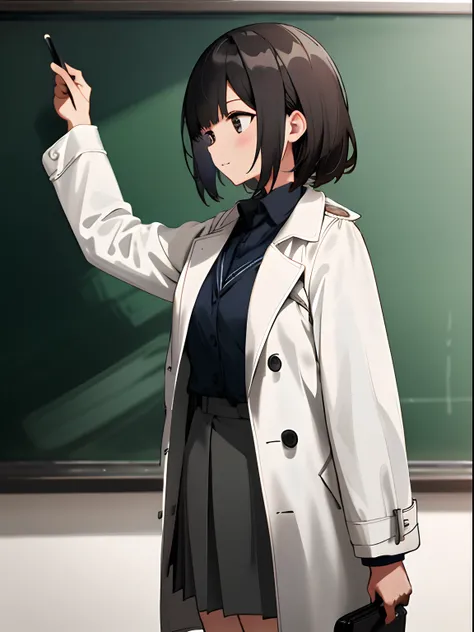 In the classroom，There are a lot of students，Female teacher giving lessons to students in front of a blackboard，Wear a white trench coat