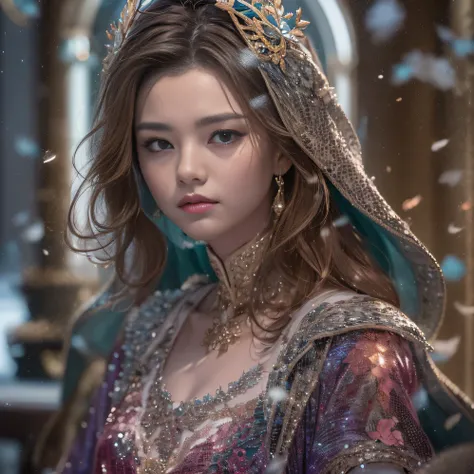 32K（tmasterpiece，k hd，hyper HD，32K）short detailed hair，Martian ，Flame Girl ，Copper Protector （realisticlying：1.4），Python pattern robe，Purple-pink tiara，Snowflakes fluttering，The background is pure，Hold your head high，Be proud，The nostrils look at people， A...