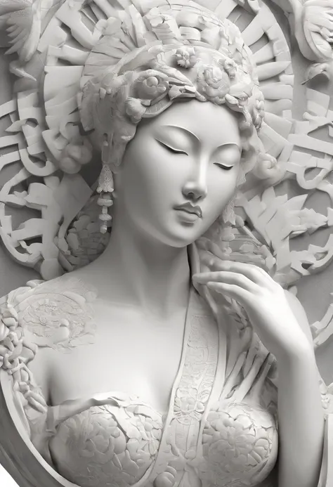 White marble statue of a Japanese woman with huge breasts, nude, goddess of fertility, studio lighting, atmospheric lighting, with exquisite texture, high detail, high resolution, c4d, 3D, Blender, 8k, best quality, ultra high definition