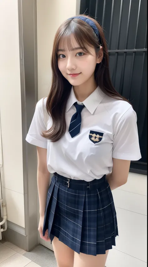 18-year-old schoolgirl wearing white shirt and navy blue miniskirt