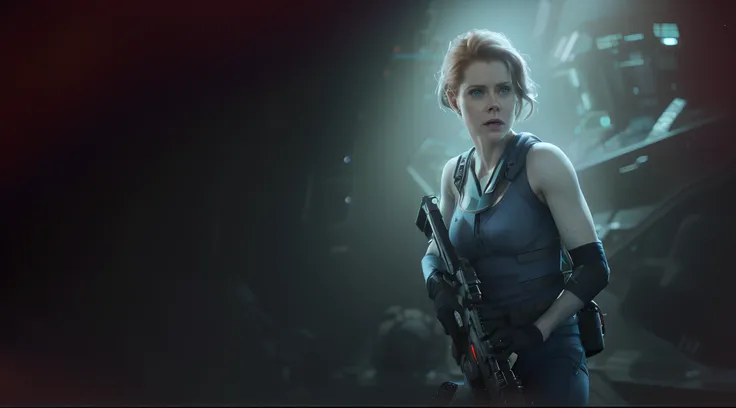 Hot terrified Sci fi Amy Adams wearing sci fi suit on Ishimura Horror Space Ship photography, natural light, photorealism, cinematic rendering, ray tracing, the highest quality, the highest detail, Cinematic, Third-Person View, Blur Effect, Long Exposure, ...