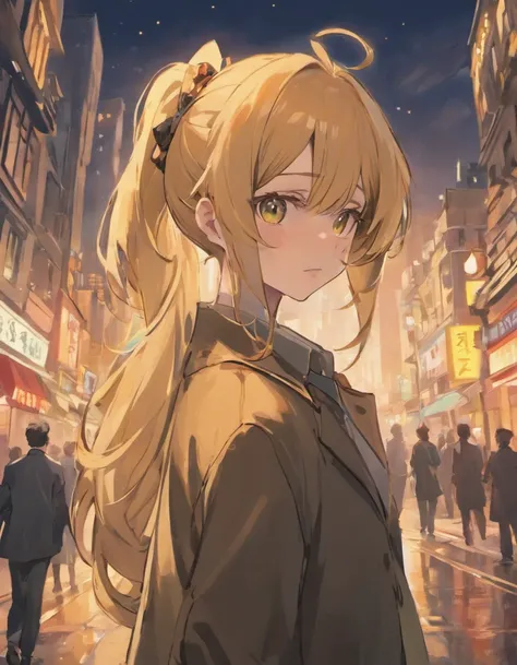 anime man,long hair,long ponytail,low ponytail,blonde,golden hair,golden eyes,stylish,suit,herlock holmes,detective,sarcastic,comic expression,looking at observer,standing,london street background , London at night in the background, sharp eyes, smiling, d...