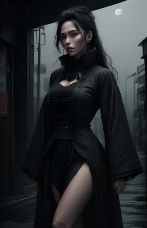 horror theme element, realistic high quality masterpiece, (beautiful) japanese female, age 27,wavy long black hair, walking down...