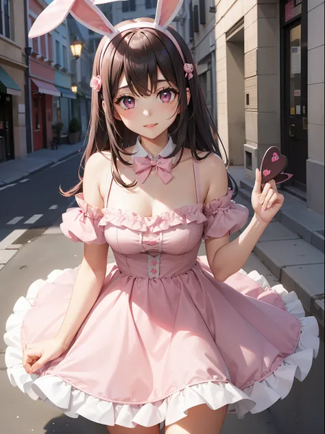 a women, pink bunny ears, black hair, pink eyes, pink dress