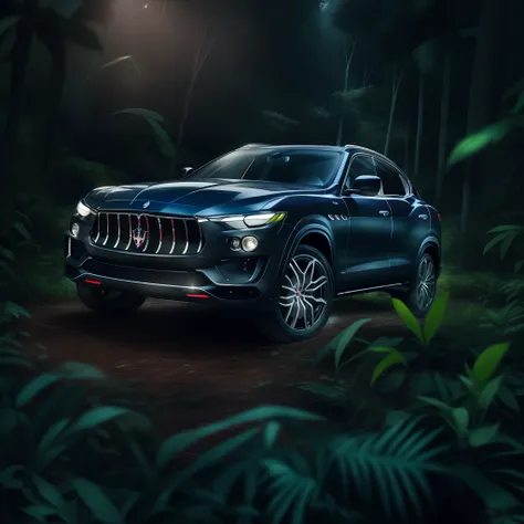 a cinematic photorealistic color digital drawing of maserati levante at night in the borneo tropical jungle, extreme modified an...