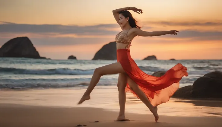 Sexy 20s Korean sexy woman dancing on the beach like in live-action photo