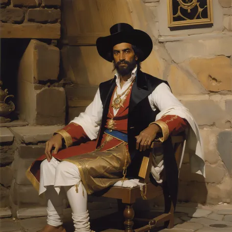 Oil painting from 1795 showing a wealthy Portuguese 37-year-old explorer wearing typical Portuguese clothes of noble fabrics and golden adornments and a typical Portuguese hat,pele branca,cabelos e barba loiros,in a village of Portuguese architecture and c...