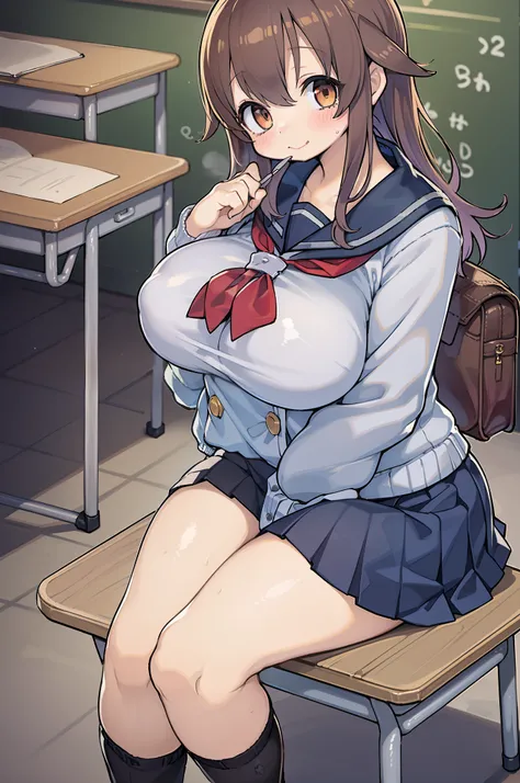 ((masutepiece, Best Quality)),Best aesthetic,1girl in, School uniform, desk work, Sitting, School Desk, Brown hair, crass room, Long hair, Indoors, Chair, Looking at Viewer, :P, Solo Focus, Brown eyes, Skirt, Long sleeves, Pencil, 1 boy, pencil case, paper...